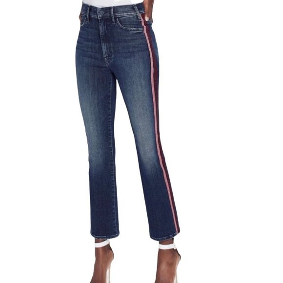 Mother Hustler Flare Leg Jeans High Rise Stripe Blue Kitty Glitter Racer 26 - Picture 1 of 11